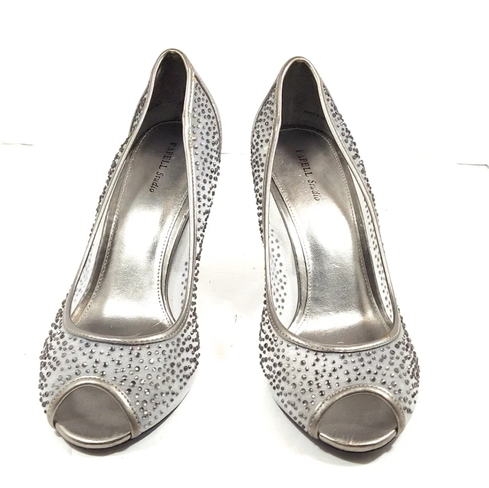 Papell studio silver mesh and Rhine stones puter high heels shoes Size: 9